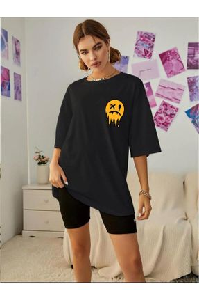 تی شرت مشکی زنانه یقه گرد اورسایز تکی بیسیک کد 710950020