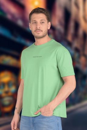تی شرت سبز مردانه ریلکس یقه گرد پنبه (نخی) تکی کد 711568196