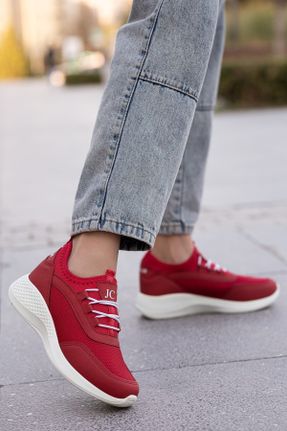 کفش اسنیکر قرمز زنانه بند دار چرم مصنوعی کد 381595855