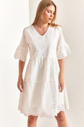 لباس سفید زنانه بافتنی پنبه - پلی استر طرح گلدار رگولار آستین-بلند بیسیک کد 712283644
