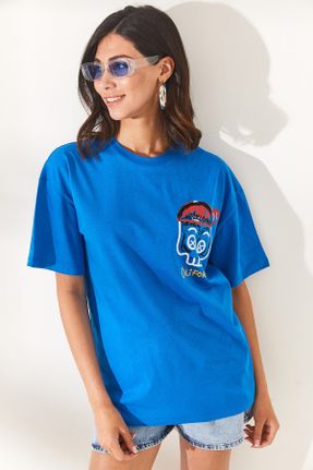تی شرت آبی زنانه رگولار یقه گرد پنبه - پلی استر تکی کد 712347988