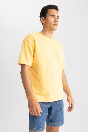 تی شرت زرد مردانه اورسایز یقه گرد پنبه (نخی) تکی کد 712782388