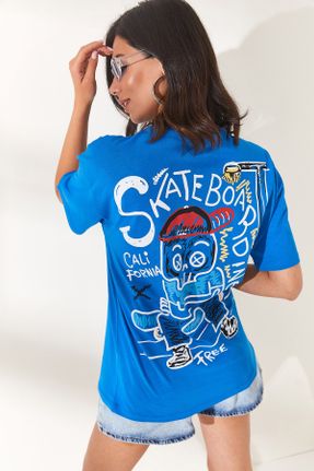 تی شرت آبی زنانه رگولار یقه گرد پنبه - پلی استر تکی کد 712347988