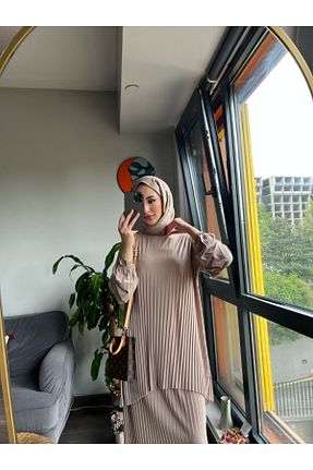 ست بالاتنه و پائین تنه حجاب بژ زنانه رگولار MODAMÜNASİP - کد 712493375