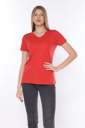 تی شرت قرمز زنانه رگولار یقه هفت تکی بیسیک کد 712671286