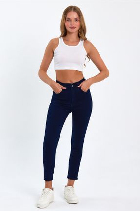شلوار جین سرمه ای زنانه پاچه تنگ فاق بلند جین ساده جوان بلند کد 715279161