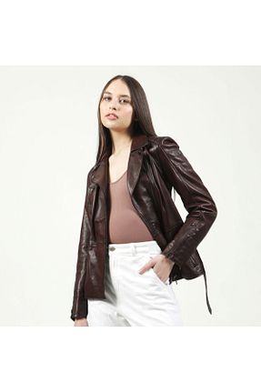 کاپشن قهوه ای زنانه چرم خالص Dericlub - کد 46088899