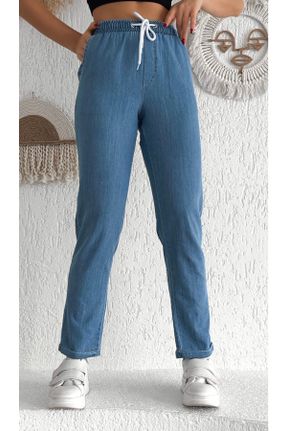 شلوار آبی زنانه پاچه دوبل جین کش دار کد 696330142