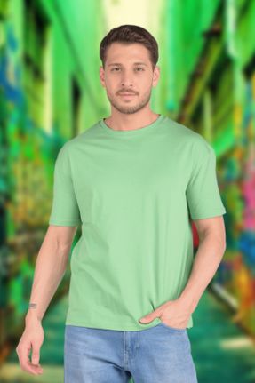 تی شرت سبز مردانه ریلکس یقه گرد پنبه (نخی) تکی کد 303622317