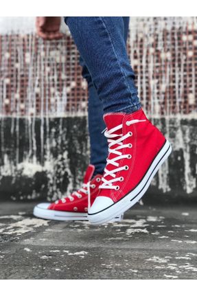 کفش اسنیکر قرمز زنانه بند دار پارچه ای کد 727687043