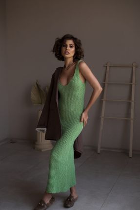 لباس سبز زنانه تریکو Fitted بند دار بیسیک کد 727960807
