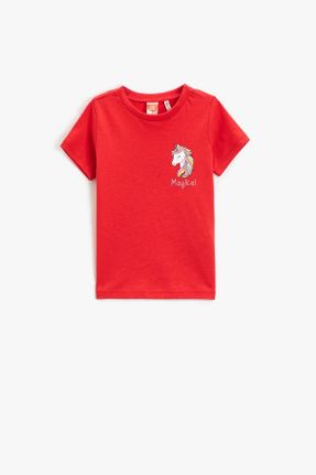 تی شرت قرمز بچه گانه رگولار یقه گرد تکی کد 693448249