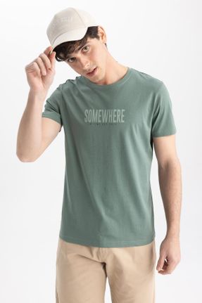 تی شرت سبز مردانه اسلیم فیت پنبه (نخی) یقه گرد تکی کد 728222522
