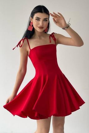 لباس مجلسی قرمز زنانه آویزی یقه مربع پنبه - پلی استر بدون آستر کد 729109421