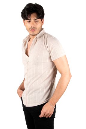 پیراهن بژ مردانه اسلیم فیت یقه پیراهنی پنبه (نخی) کد 729815174