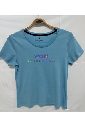 تی شرت آبی زنانه رگولار یقه گرد پنبه (نخی) کد 729683314