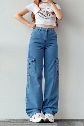 شلوار جین آبی زنانه پاچه گشاد فاق بلند جین جوان کد 729636911