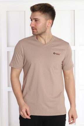 تی شرت قهوه ای مردانه پلی استر یقه گرد راحت تکی کد 731526221