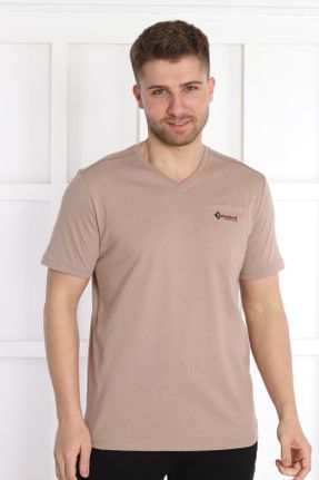 تی شرت قهوه ای مردانه پلی استر راحت یقه گرد تکی کد 731526221
