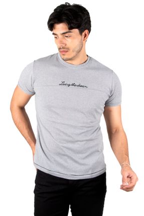 تی شرت طوسی مردانه اسلیم فیت یقه گرد پنبه (نخی) تکی جوان کد 731829126