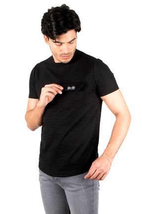 تی شرت مشکی مردانه اسلیم فیت یقه گرد پنبه (نخی) تکی جوان کد 731829454