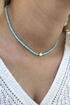 گردنبند جواهر آبی زنانه منجوق کد 732014315