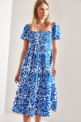 لباس آبی زنانه بافتنی ویسکون گلوژ آستین-کوتاه بیسیک کد 732010473