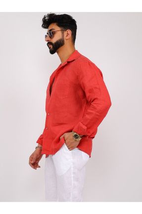 پیراهن قرمز مردانه یقه ایتالیایی ریلکس کتان کد 733203274