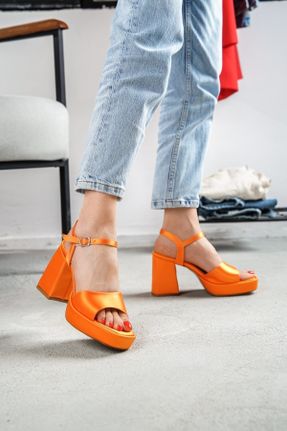 کفش پاشنه بلند پر نارنجی زنانه پاشنه بلند ( +10 cm) پارچه نساجی پاشنه پر کد 734388588