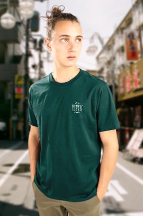 تی شرت سبز مردانه ریلکس یقه گرد پنبه (نخی) تکی کد 734465737
