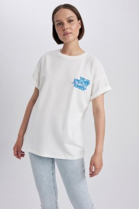 تی شرت سفید زنانه اورسایز یقه گرد پنبه (نخی) تکی کد 734620705