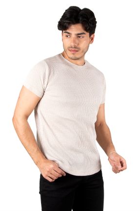 تی شرت بژ مردانه اسلیم فیت یقه گرد پنبه (نخی) تکی جوان کد 734401280