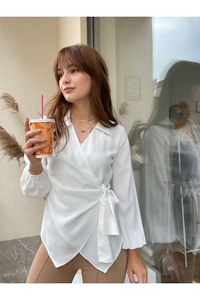 بلوز سفید زنانه ساده DUSOHOME - کد 734677826