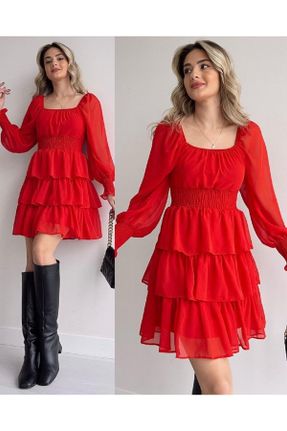 لباس قرمز زنانه بافتنی شیفون رگولار آستین-بلند بیسیک کد 734967277