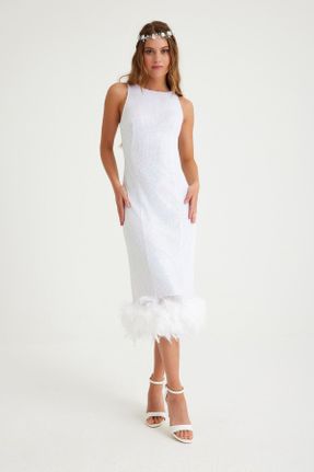 لباس مجلسی سفید زنانه پولکی بدون آستین اسلیم فیت آستر دار کد 735685702