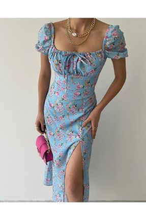 لباس آبی زنانه بافتنی طرح گلدار رگولار آستین-بلند پارتی کد 735963432