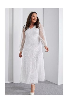 لباس مجلسی سایز بزرگ سفید زنانه یقه هفت Seamoda - کد 33075453