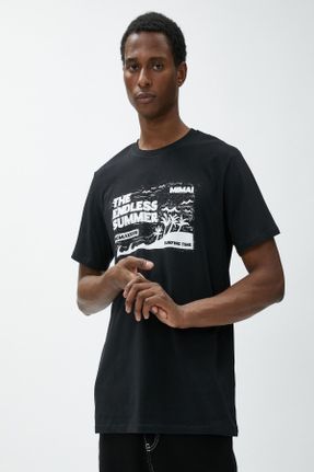 تی شرت مشکی مردانه رگولار یقه گرد پنبه (نخی) تکی کد 695647576