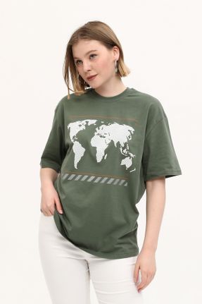 تی شرت سبز زنانه اورسایز یقه گرد پنبه - پلی استر تکی کد 737810644