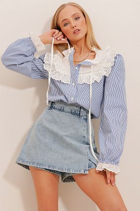 پیراهن آبی زنانه اورسایز Trend Alaçatı Stili - کد 221691406
