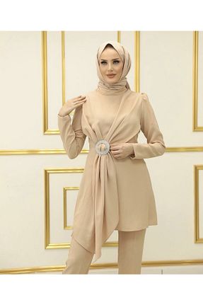ست بالاتنه و پائین تنه بژ زنانه بافتنی Tuğçe Şahin - کد 737195108