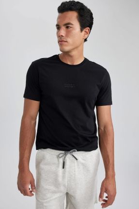 تی شرت مشکی مردانه رگولار یقه گرد پنبه (نخی) تکی کد 736506112