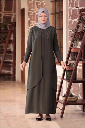 لباس مجلسی حجاب خاکی زنانه یقه دوچرخه KMKkombin - کد 737609252