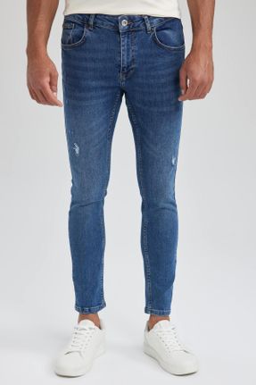 شلوار جین آبی مردانه پاچه تنگ پنبه (نخی) بلند کد 737645483