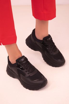 کفش اسنیکر مشکی زنانه بند دار چرم مصنوعی کد 732420109
