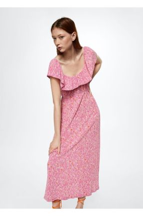 لباس صورتی زنانه بافتنی پلی استر طرح گلدار رگولار آستین-کوتاه کد 308323300