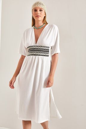 لباس سفید زنانه بافتنی پنبه - پلی استر - الاستن رگولار آستین-کوتاه بیسیک کد 739085139