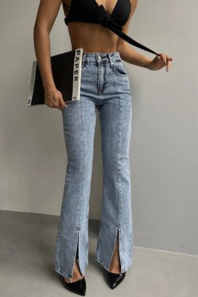 شلوار جین متالیک زنانه پاچه اسپانیولی فاق بلند کد 737982689