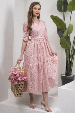 لباس صورتی زنانه بافتنی طرح گلدار اورسایز آستین-کوتاه کد 740476603