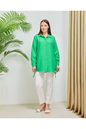 پیراهن سبز زنانه اورسایز آستین-بلند مخلوط کتان کد 741162302